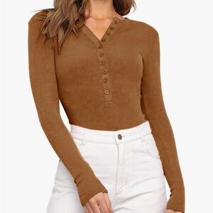 Camel Long Sleeve Button Down Bodysuit
